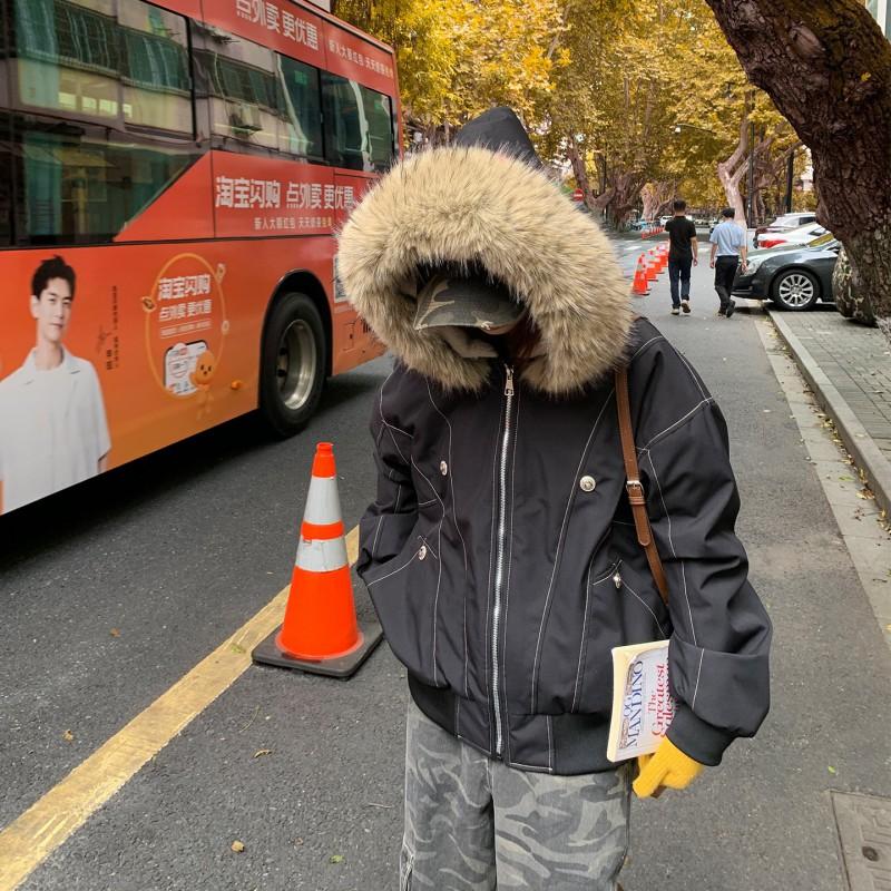 Womens Winter Short Puffer Coat With Faux Raccoon Fur Hood Trim Sherpa Lined Oversized Cargo Style Warm Jacket