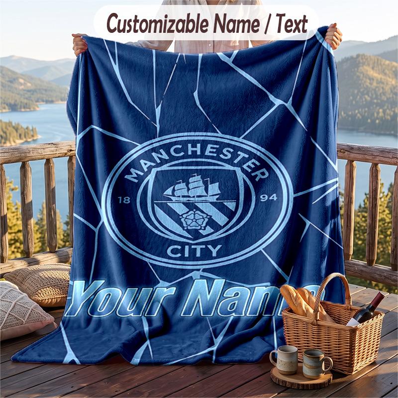 Flannel Blanket Manchester City Print Custom Name Text Soft Throw for Sofa Bed