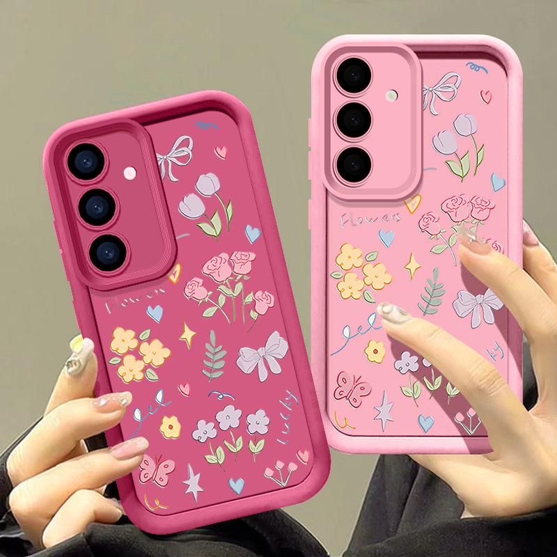 Cartoon Floral Print TPU Shockproof Matte Case For Samsung S25 Ultra S24 FE S23 Plus A56 A36 A16 A15 A55 A06 Soft Silicone Lens Protection Phone Cover