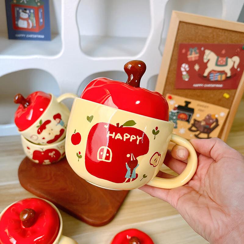 Керамическая кружка "Яблоко" с крышкой и ложкой