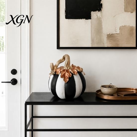 Hand Painted Retro Style Decor Black And White Striped Pumpkin Ornament, Resin Three Dimensional Sculpture Tabletop Centerpiece, Halloween Ornament