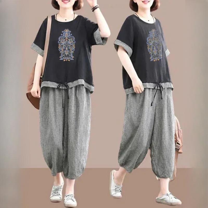 Женский костюм-двойка в стиле ретро, этнический, повседневный, летний, свободный, модный, клетчатый, сшитый костюм