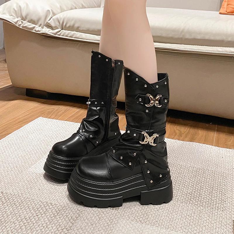 Fashion Women's High Platform Motorcycles Boots Winter 9.5CM Wedge Heels Warm Ankle Boots Chunky Sneakers New Autumn Leather Shoes Woman