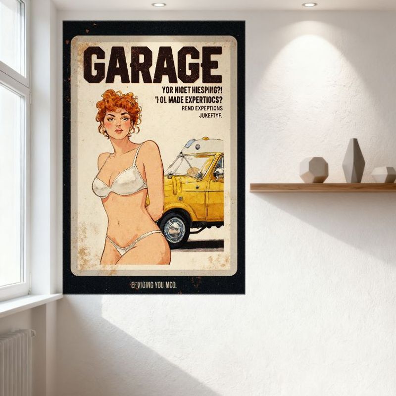 Сексуальная Pin-up Девушка Винтажная Металлическая Жестяная Вывеска с Желтым Автомобилем и Ржавым Видом 'GARAGE' Декор для Бара Паба Дома Кафе Настенное Искусство 8x12 Дюймов