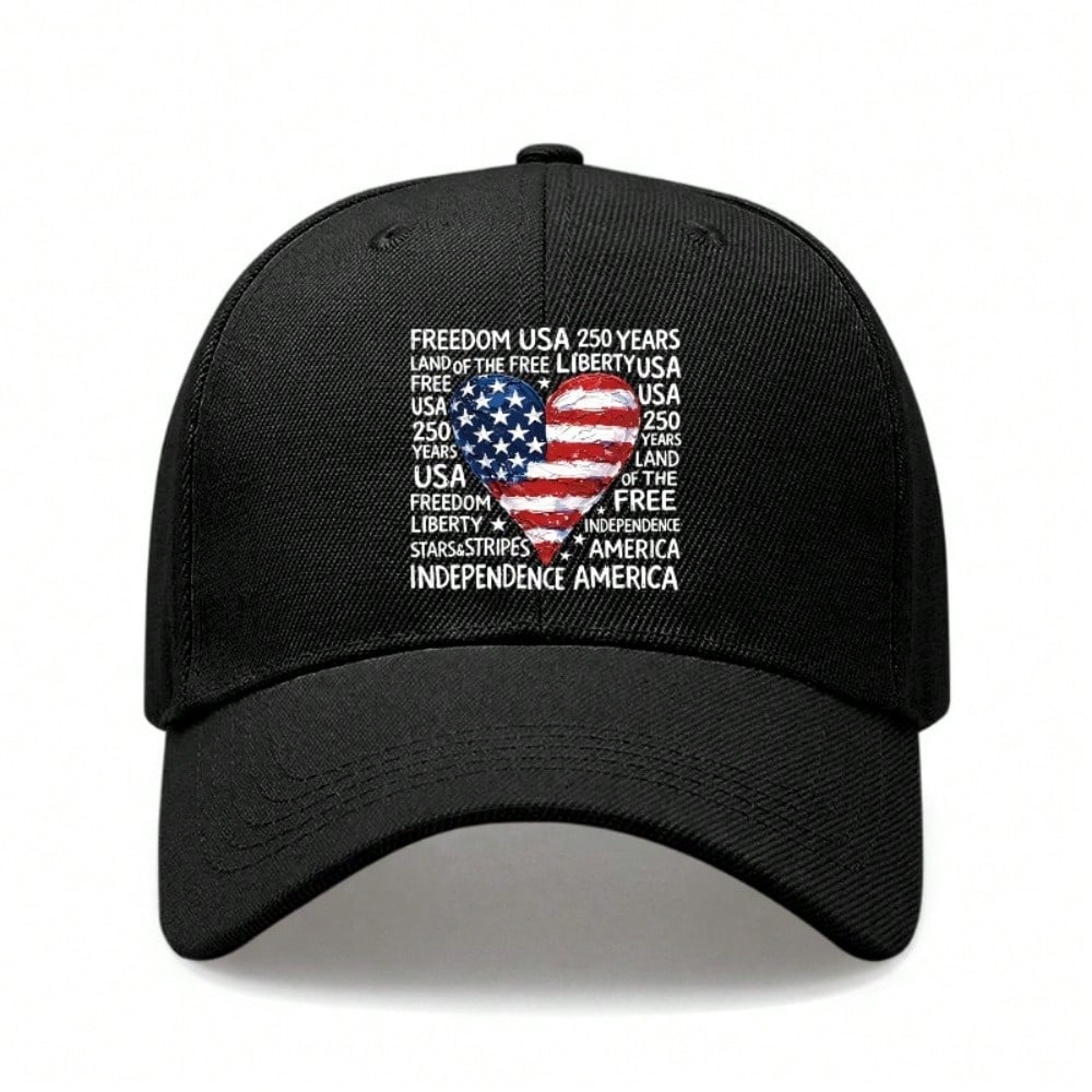 USA Baseball Hat - Vintage Heart Print Freedom USA 250 Years Land Of The Free Adjustable Polyester Lightweight Patriotic Holiday Baseball Cap For