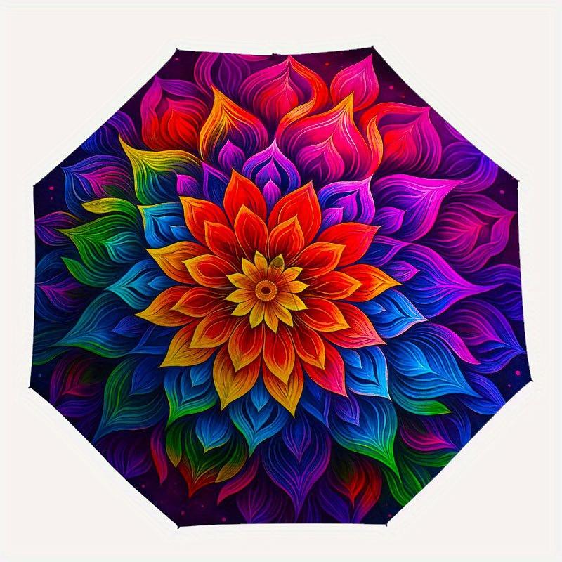 Vibrant Rainbow Lotus Mandala Wall Art Decor Umbrella, Cute Umbrella with Cute Design, Portable 3-Fold Compact Umbrella for Men & Women, Valentine's D