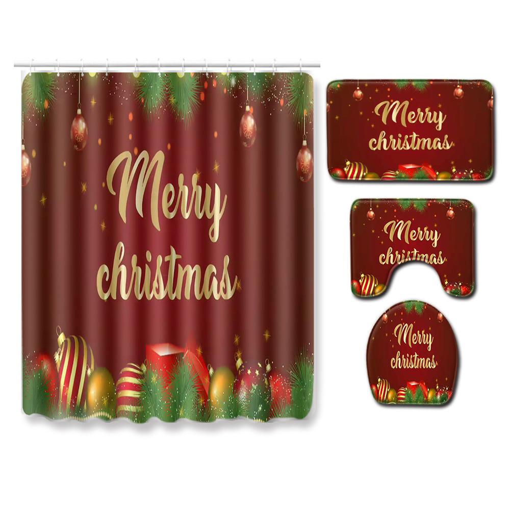 Christmas Bathroom Shower Curtain Toilet Floor Mat Four-Piece Bathroom Non-Slip Door Mat Kitchen Bedroom Absorbent Carpet