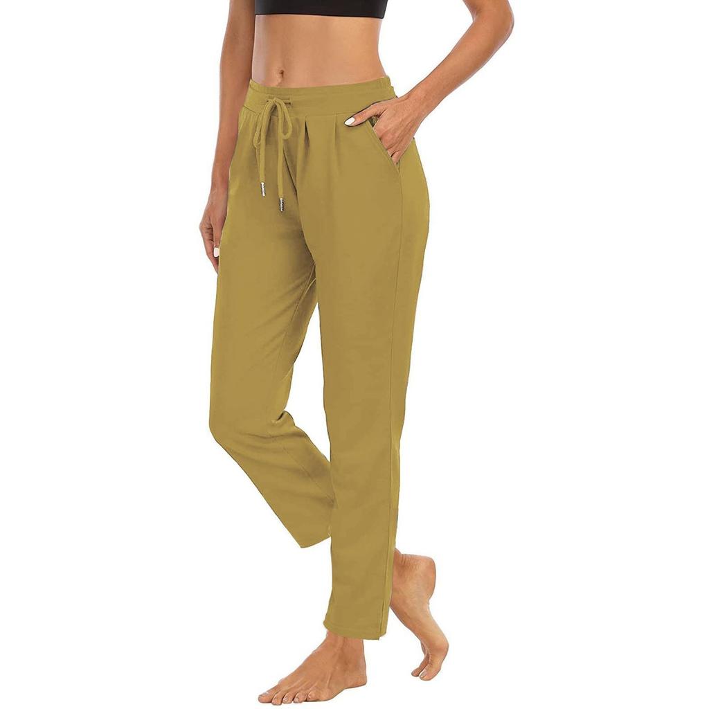 Women's High-waisted Solid Color Drawstring Lace-up Casual Pants Stretch Slim Long Comfortable Pocket Pants