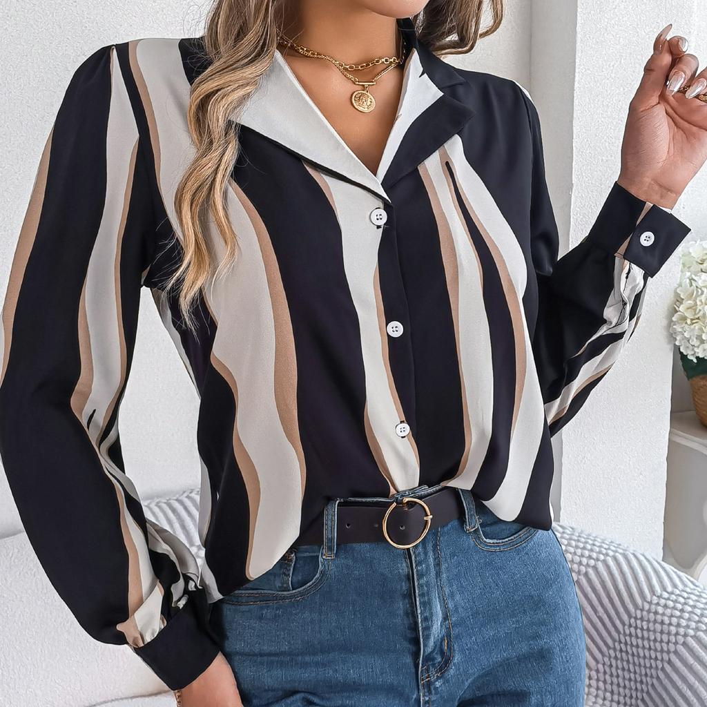 GMXIA Женский модный повседневный летний костюм с длинным рукавом, блузки с воротником и рубашки всех видов контрастных цветов и полосок