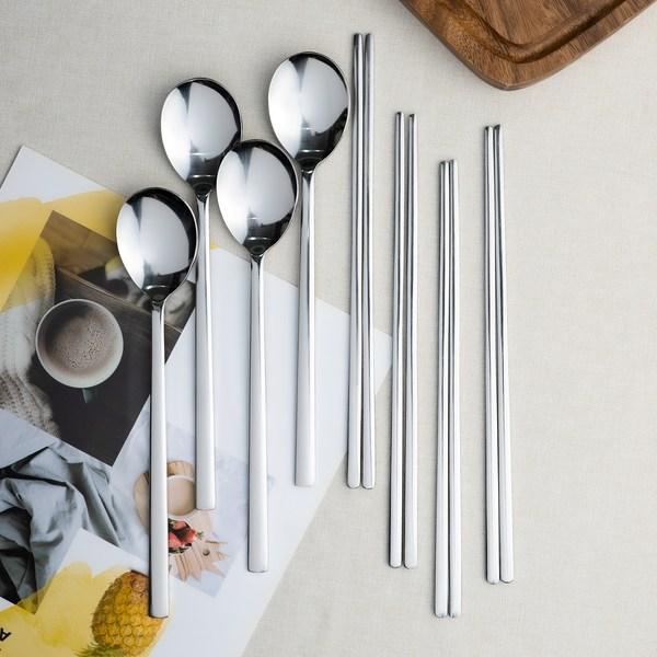 Simple Line Adult Cutlery Set, 4 Sets, Spoon + Chopsticks, Korean Popular Tableware