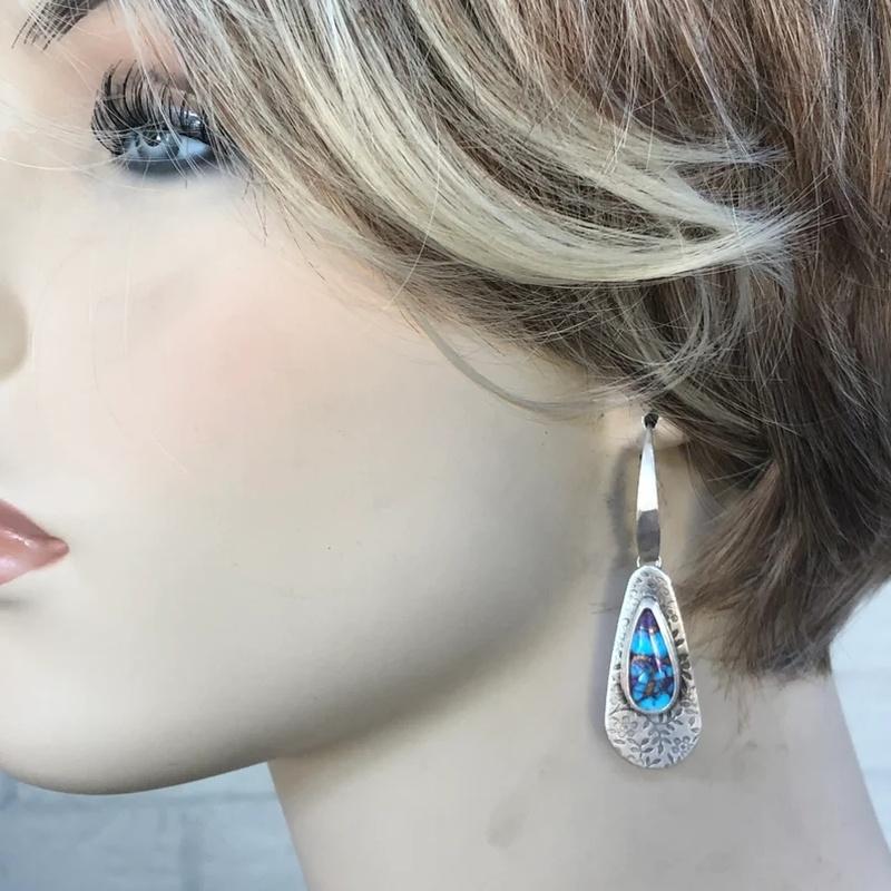 Bohemian Drop Turquoise Hook Earrings Creative Hand Carved Pattern Drop Earrings