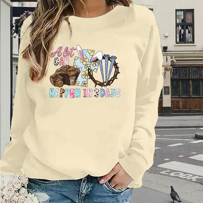 Топы для женщин с принтом «Кролик Фестиваль» с круглым вырезом и длинными рукавами, осенняя повседневная тонкая кофта-пуловер для женщин с длинными рукавами