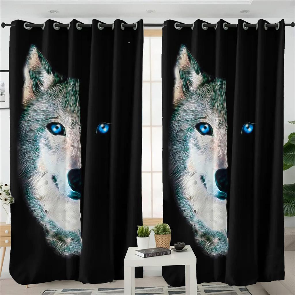 Шторы с изображением тотема в виде животного волка, черно-белые шторы с изображением волка, 2 панели, детская комната, гостиная, спальня, балкон, кабинет, декор