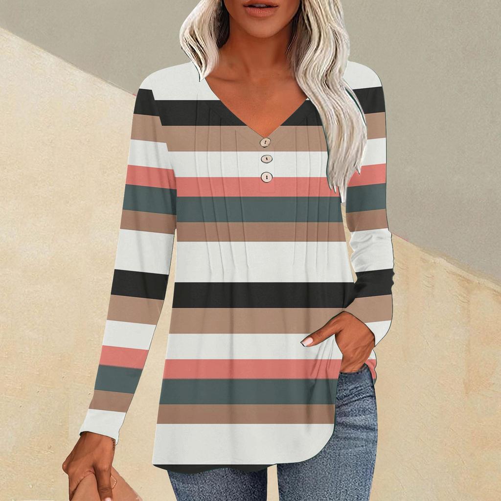 Women's Fashion Casual Pleated V-Neck Striped Printed Long Sleeve T-Shirt Top
