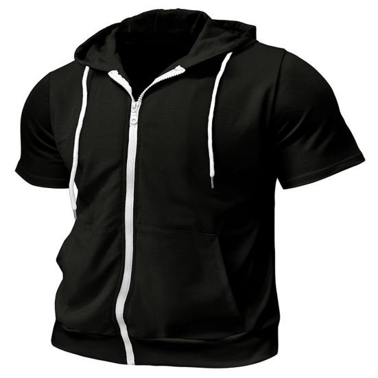 Мужская футболка с капюшоном на молнии, летняя футболка с коротким рукавом, однотонная футболка с полной молнией и карманами для повседневных занятий спортом, уличного спорта, спортзала