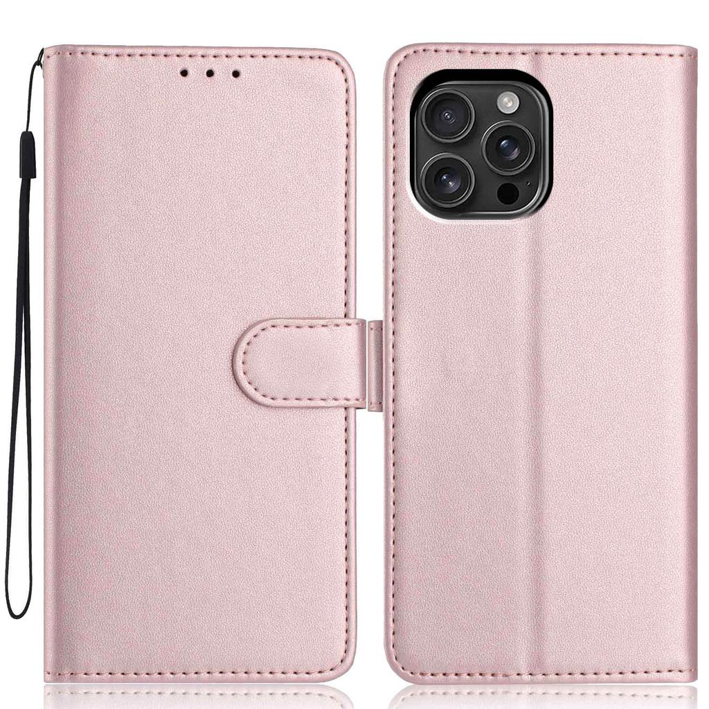 For iPhone 16 Pro Max Wallet Case with Strap/Multiple Card Slots Solid Color Leather Stand Phone Cover