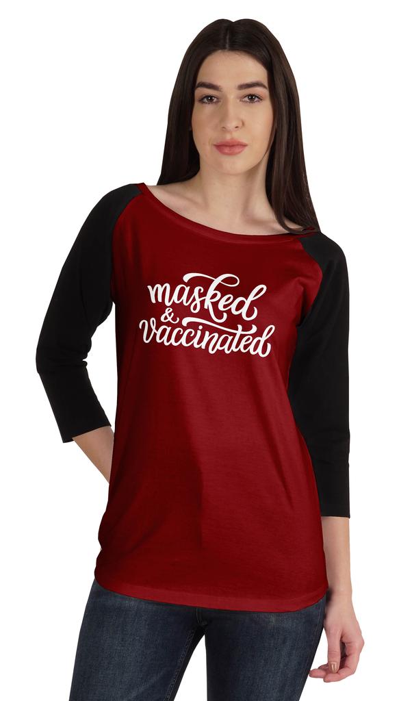 Inkmeso Маскированный и вакцинированный Забавная футболка с вырезом лодочкой в поддержку вакцинации для женщин