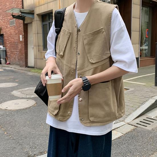 Мужской жилет-карго без рукавов, однобортный дизайн с карманами, спортивный однотонный жилет, уличная уличная одежда