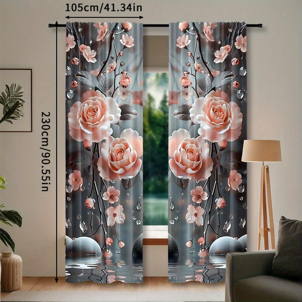2pcs, Elegant Pink Flowers Printed Window Curtain, Rod Pocket Window Curtain, Semi Blackout Decorative Curtains for Living Room Office Home Decoration