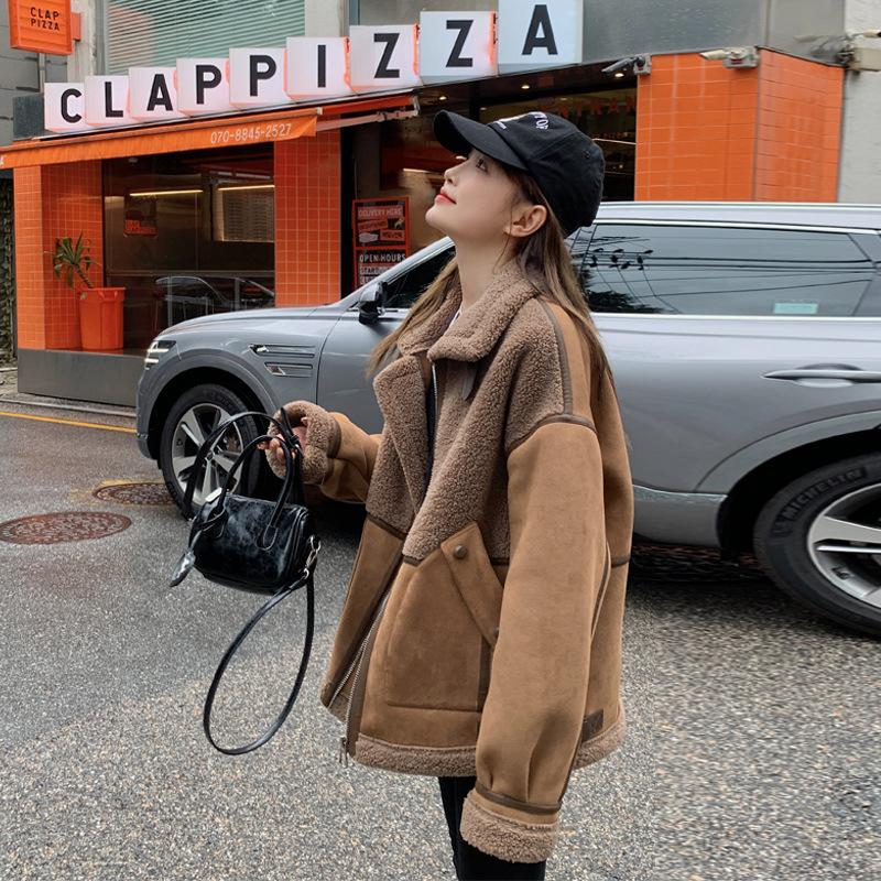 Женское меховое пальто из искусственной овечьей шерсти, женская зимняя куртка-байкер с подкладкой и утолщением