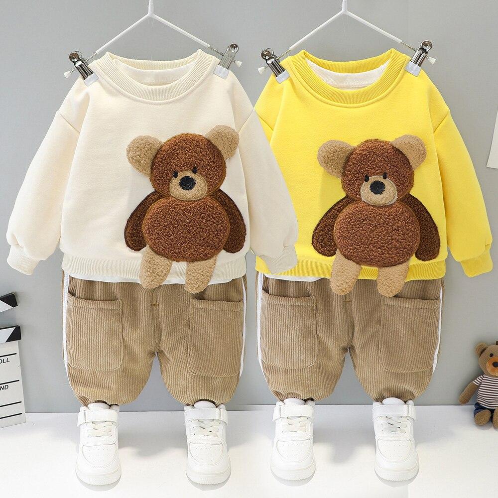 Baby Boy Clothes Autumn Winter Children's Suit Cartoon Bear Sweater + Plus Velvet Warm Corduroy Slacks Baby Two-Piece Suit