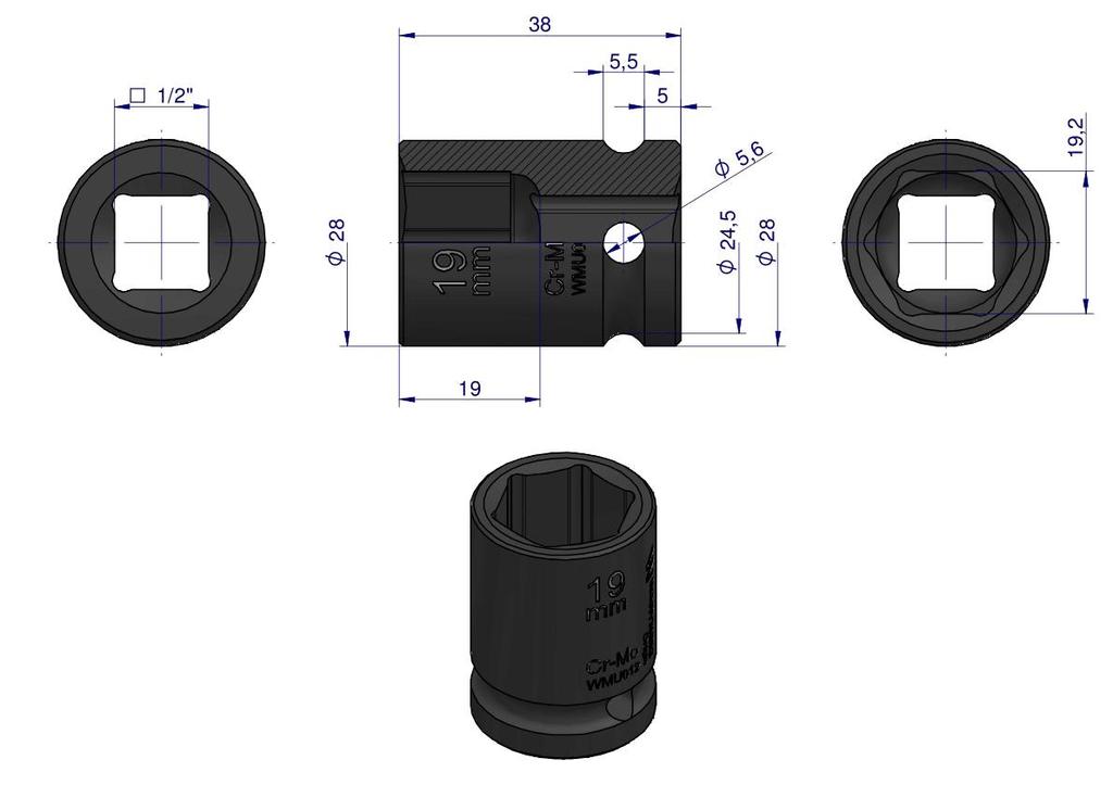 Nasadka Udarowa Sześciokątna 1/2". 19 Mm. Crmo. Din 3129. Waryński