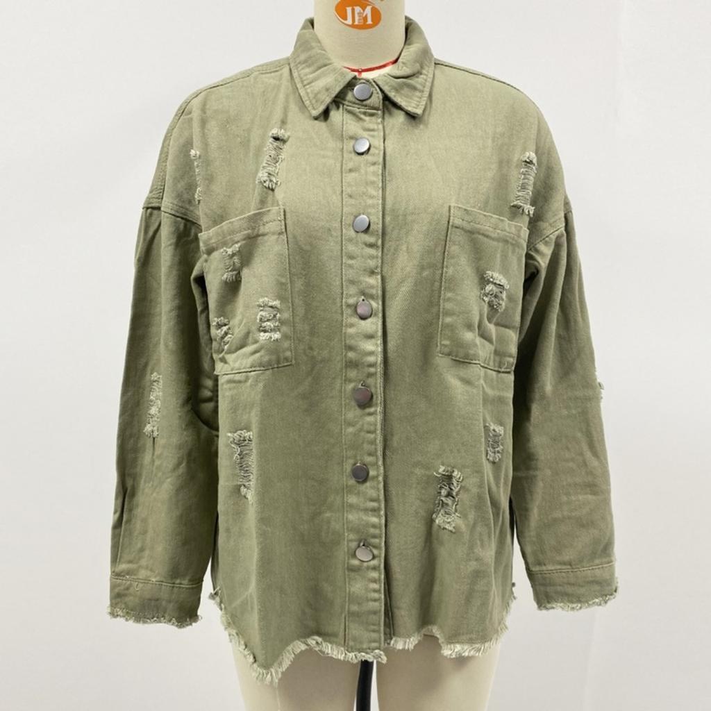 Lapel Long Sleeve Vintage Street Ripped Raw Edge Denim Jacket Women's