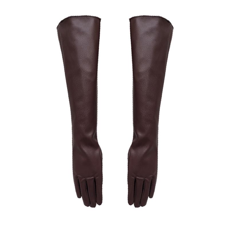 Fashion Lady Solid Color Faux Leather Full Finger Long Arm Gloves Stage Mittens