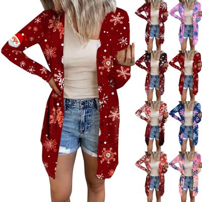Женский повседневный кардиган с длинным рукавом и рождественским принтом с карманами