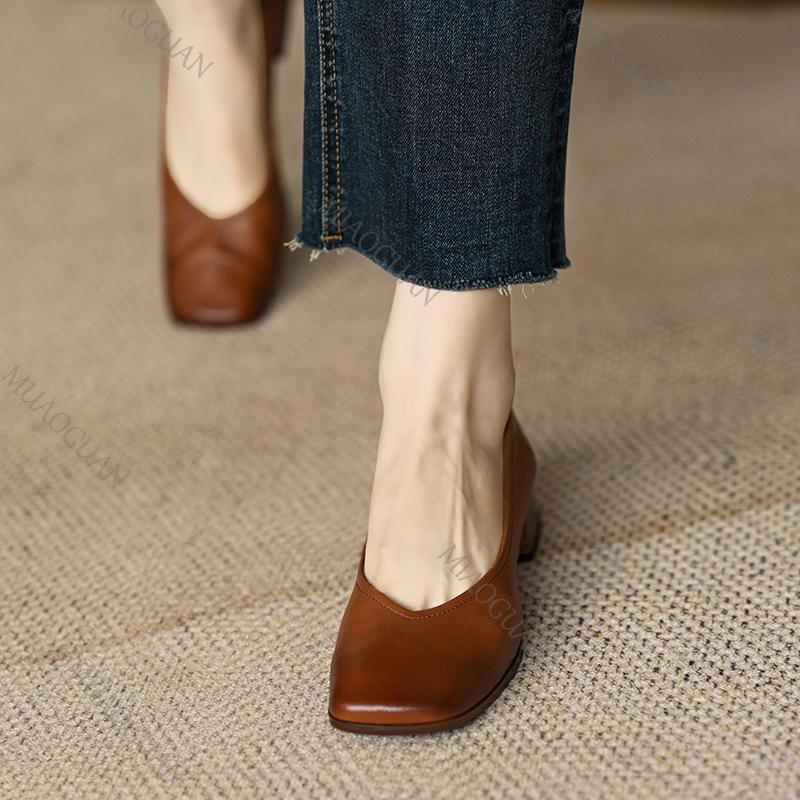 Модные туфли-лодочки на низком каблуке, женские, весна-осень, новые, ретро, из мягкой кожи, с квадратным носком, на толстом каблуке, туфли-лодочки, однотонные каблуки для женщин