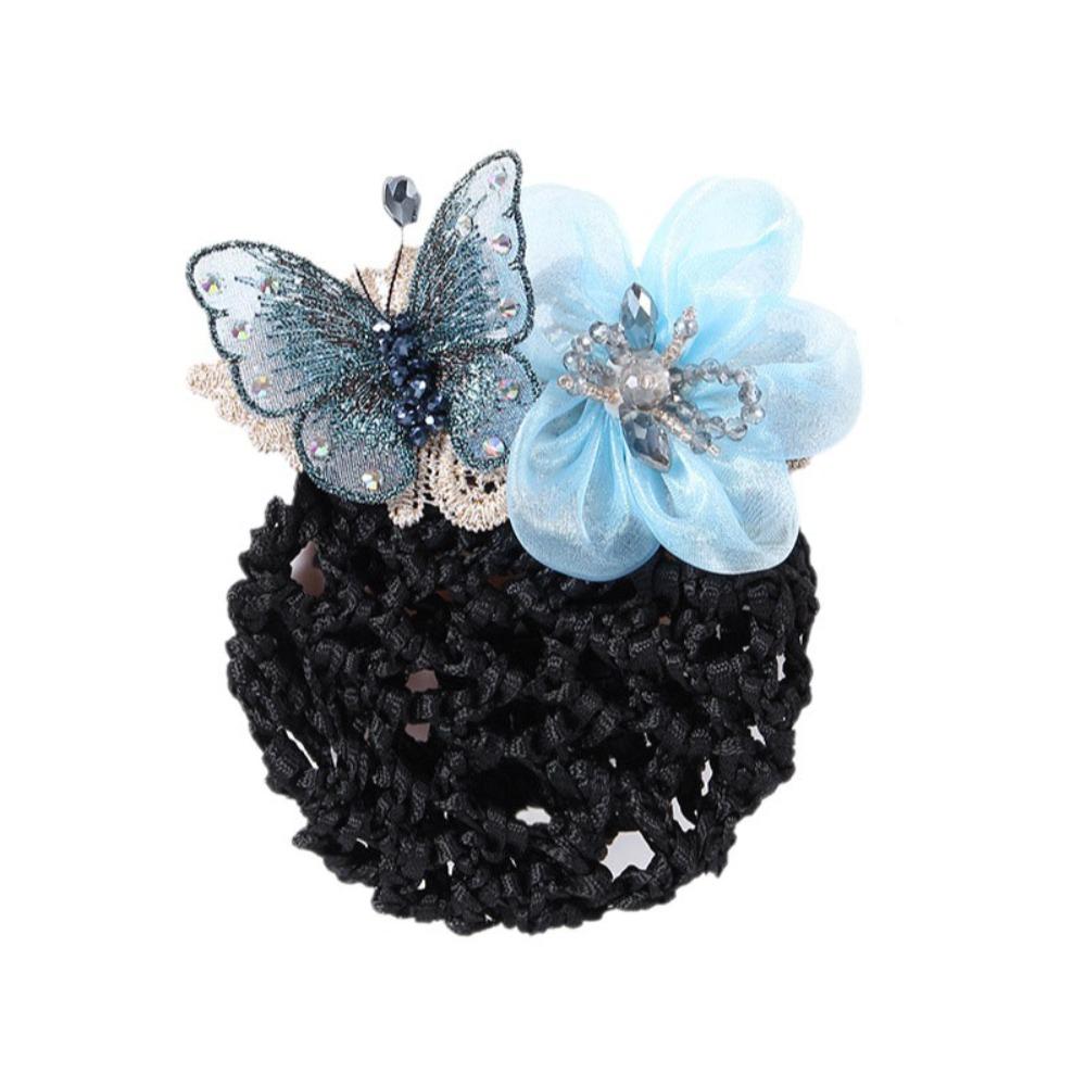 Butterfly Flower Elastic Hair Net Rhinestone Beads Decor Hair Bun Holder Hotel Staff Uniform
