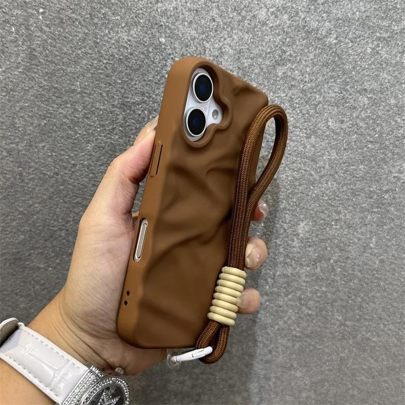 Роскошный матовый чехол-браслет с эффектом мятой бумаги для iPhone 17 Pro 16 15 14 Pro Max 13 12 11, ремешок-шнурок, конфетный, однотонный, волнистый, силиконовый чехол