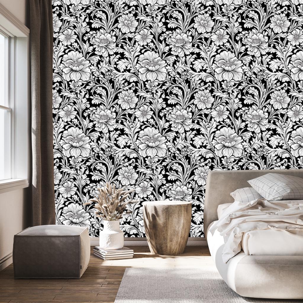 Wallpaper Black and white flowers gray, light gray and graphite 50x1000