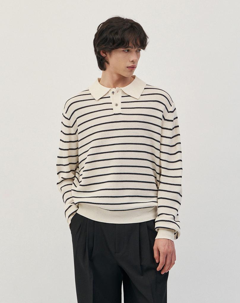 WORK ON BODY OFF Ezon Semi-Overfit Striped Collar Knit [Ivory]