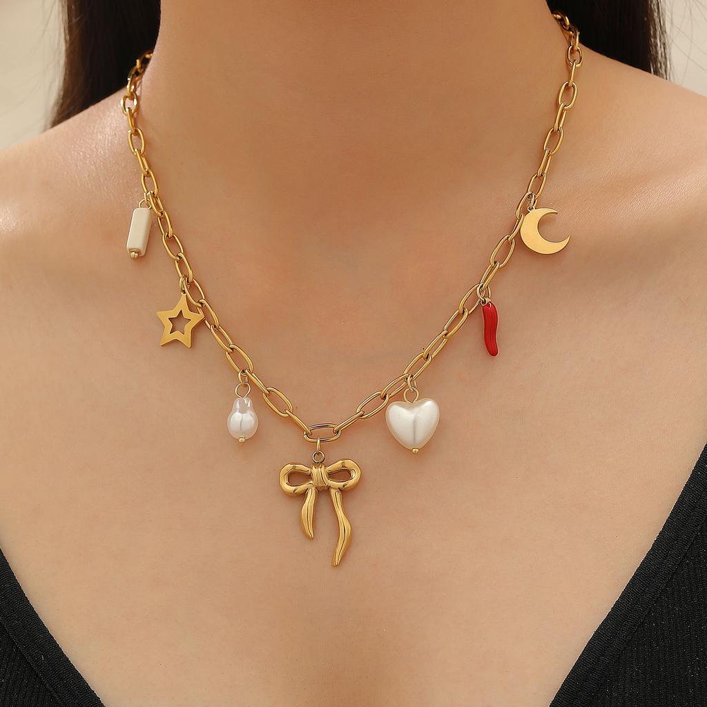 2026 Fashion Multi-element Ocean Wind Love Bow Sun Moon Devil's Eye Pendant Chain Necklace