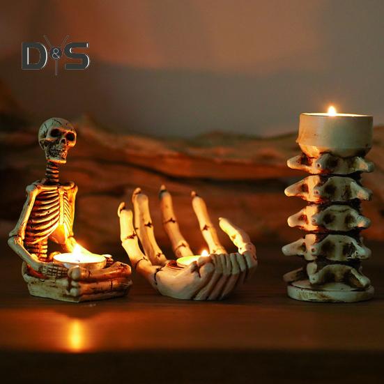 Halloween Candle Holder Resin Skeleton Hand Skull Backbone Candlestick Stand Tealight Holder Home Gothic Decor Spooky Party Supplies
