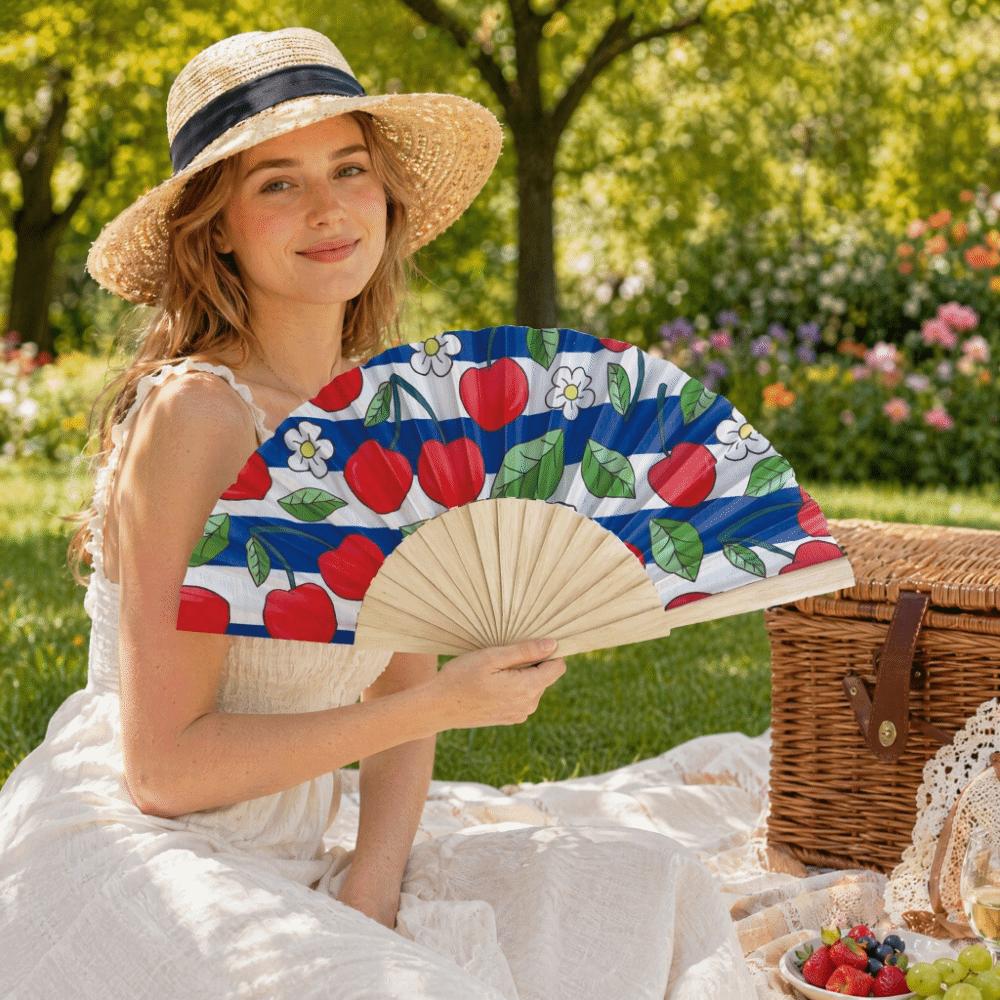 Wooden Handle Folding Hand Fan Lemon Print Hand Cranked Fan Lightweight Handheld Fan Photography