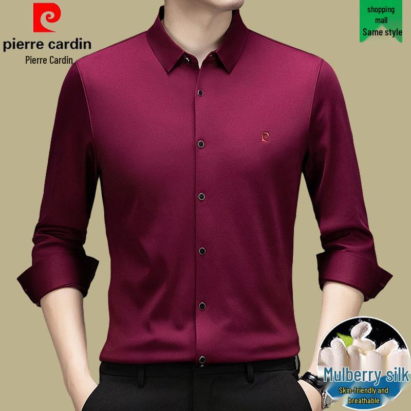 Мужская рубашка Pierre Cardin с длинным рукавом из шелка-тусса (mulberry silk) - Не требует глажки, С начесом, Высококачественный business casual для осени/зимы