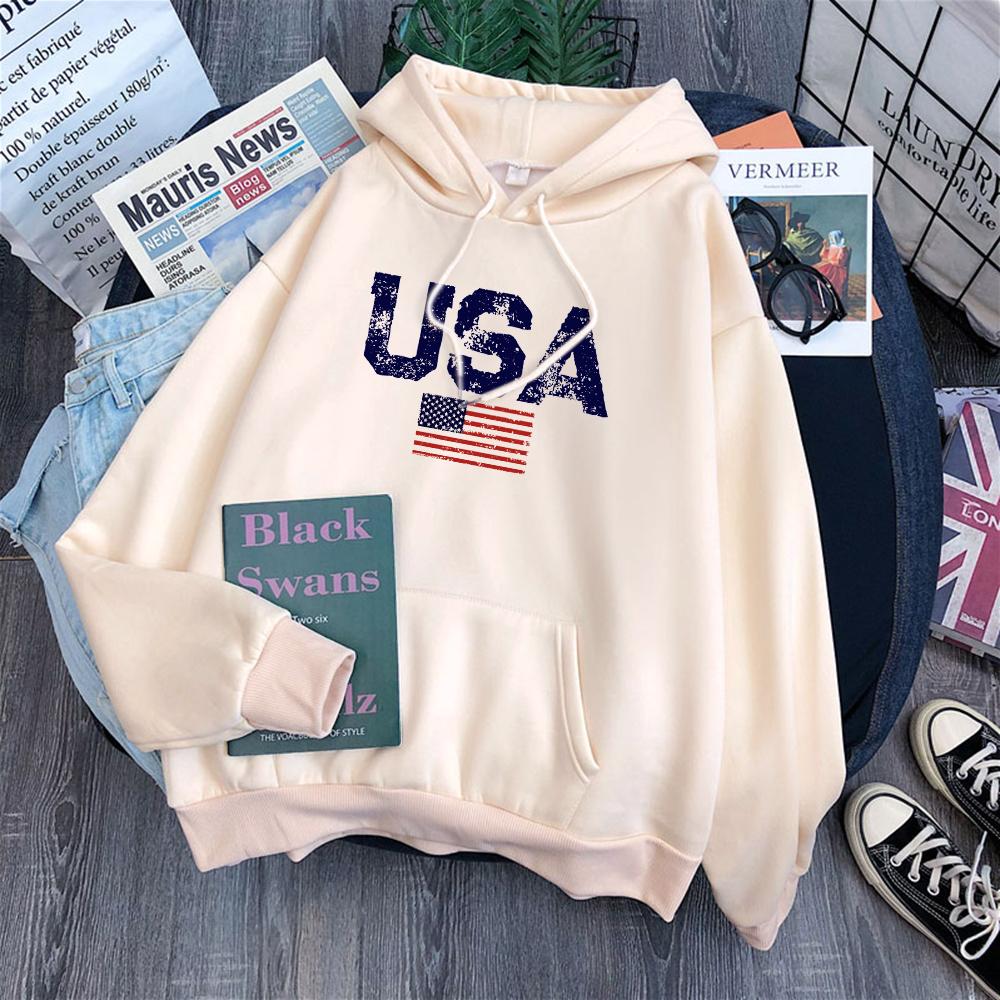 Usa Letters American Flag Stars And Stripes Mens Clothing Loose Crewneck Hoodie Autumn Pullover Hoodies Casual Pocket Sweatshirt