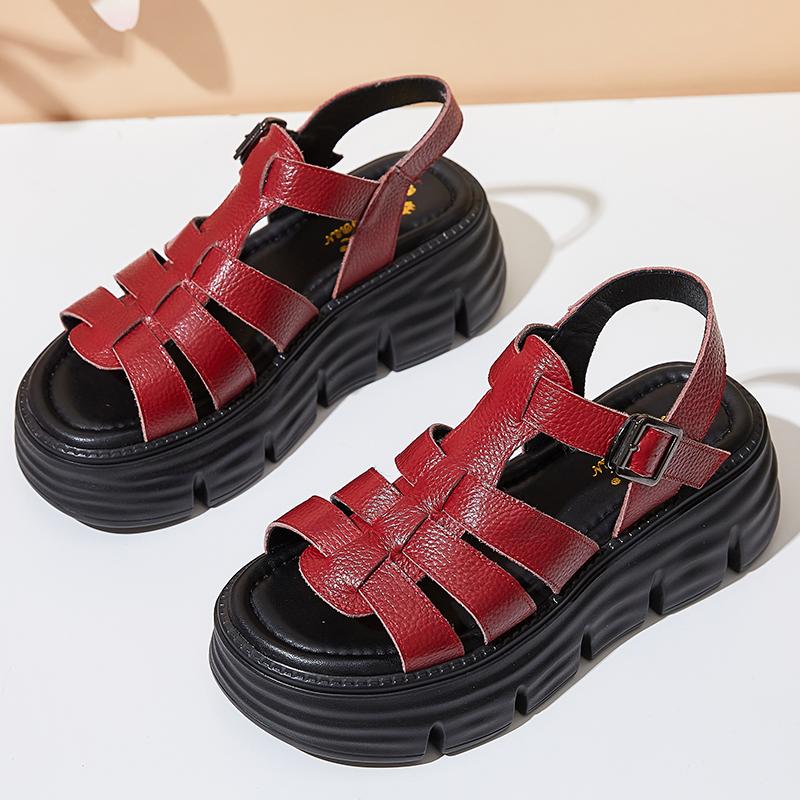 Модные GKTINOO 6см Новые Женские Сандалии С Пряжкой Шлепанцы Коровья Натуральная Кожа Летняя Мода Платформа Танкетка Роскошные Женские Удобные Женские Туфли