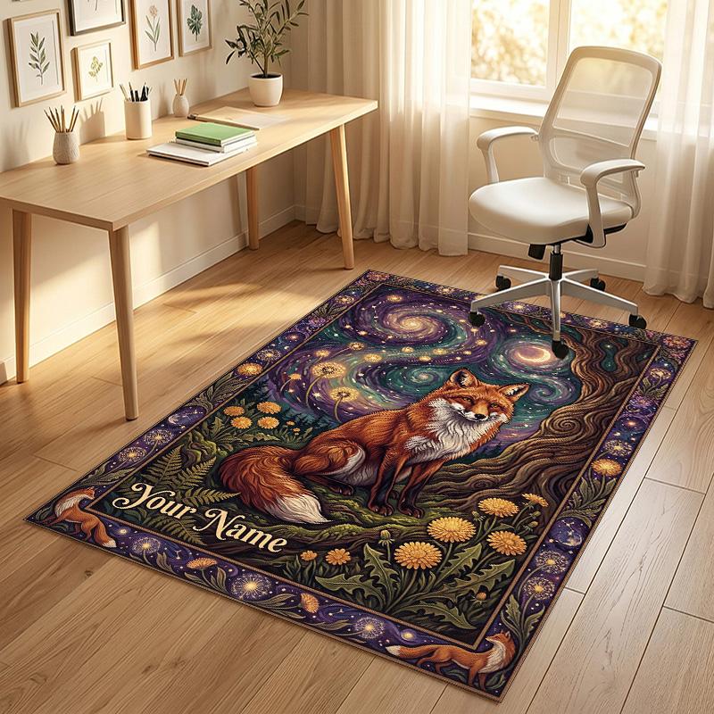 Fox Owl Theme Soft Crystal Velvet Rug Custom Name & Text Print Non Slip Floor Rug for Bedroom Living Room