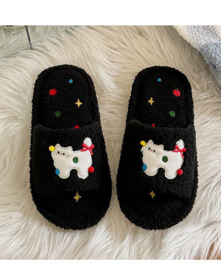 Women's Furry Open-Toe Cotton Slippers - Cute Cartoon Design for Autumn & Winter