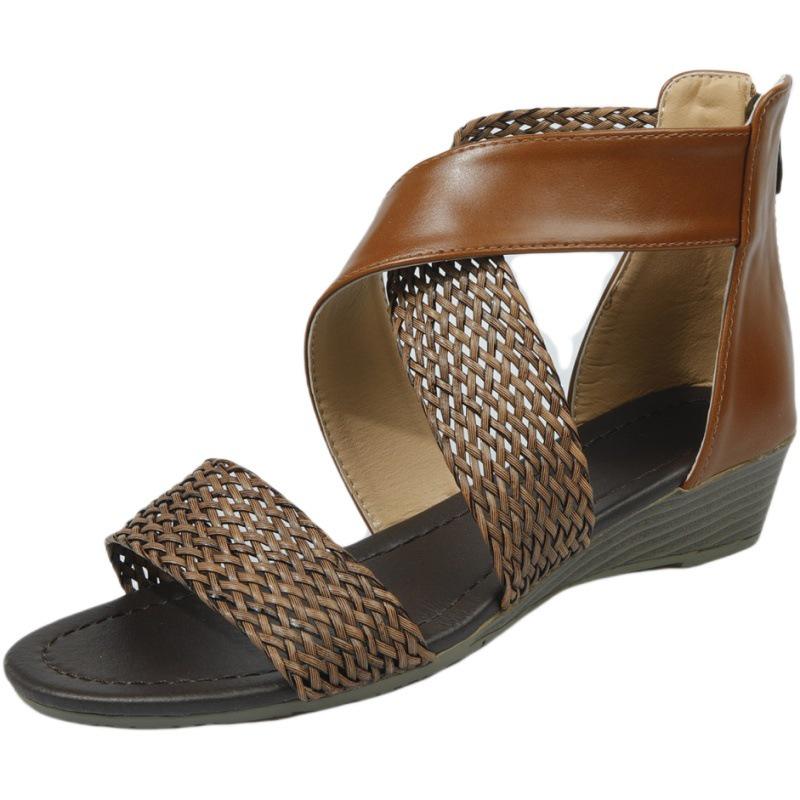 Женские сандалии большого размера. Летние плетеные сандалии на танкетке. Пляжные повседневные сандалии.