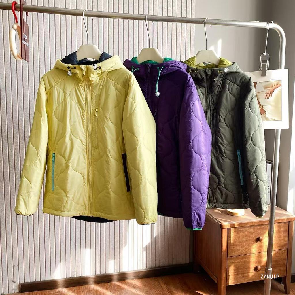 Мужская и женская легкая хлопковая куртка 2025 A/W, цветовой блок фиолетовый/желтый, горный стиль, воротник-стойка, длинный рукав