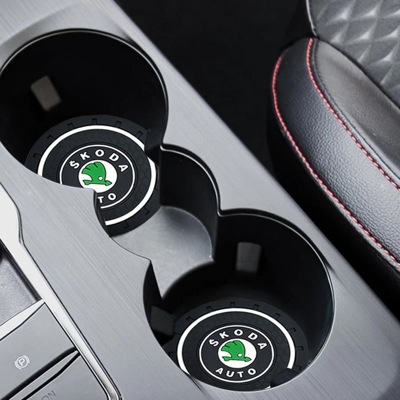 2pcs Car Auto Water Cup Slot Non-Slip Mat Accessories For Skoda Octavia Rapid Kodiaq Karoq Superb Fabia Kamiq VisionS