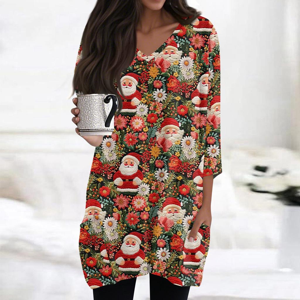 Женские топы с V-образным вырезом и рукавом 3/4, повседневные блузки средней длины, модные туники с рождественским принтом и карманами