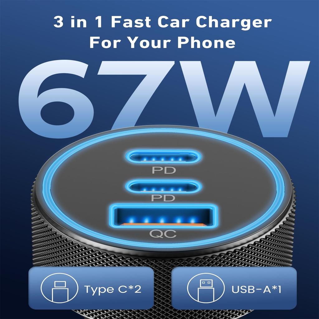 Автомобильное зарядное устройство USB, 3-портовый 67 Вт USB-C и USB-A автомобильный адаптер питания PD/QC быстрая зарядка