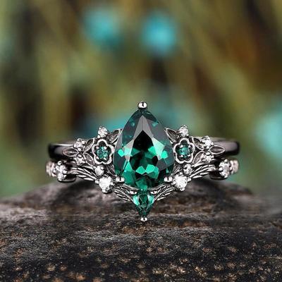 Комплект колец Sanjie Green Zircon Flower: Элегантные многослойные кольца для женщин