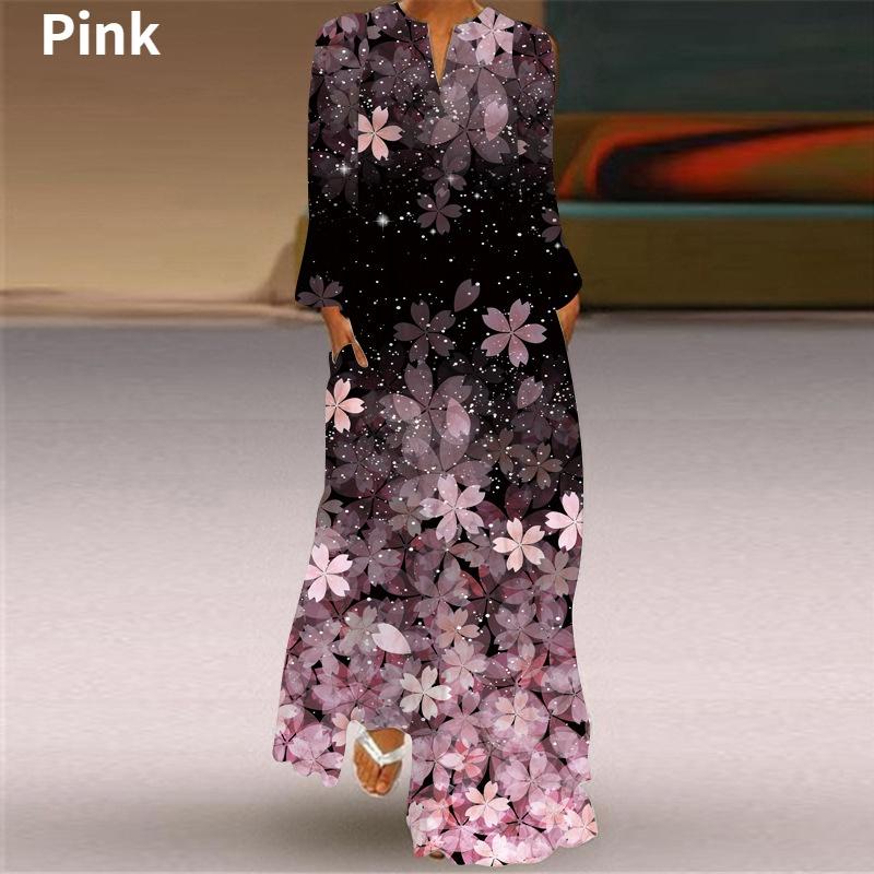 Женская мода Макси-платья с графическим принтом и V-образным вырезом с длинным рукавом Свободное платье длиной до пола Повседневное длинное платье с карманом