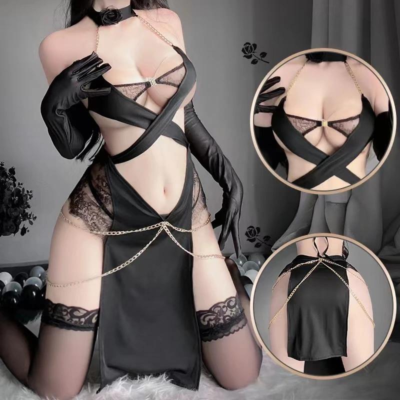 Модный женский костюм для косплея, униформа девушки-кошки на Хэллоуин, женский комплект сексуального нижнего белья с металлической цепочкой в перекрестную полоску, женские пижамные костюмы